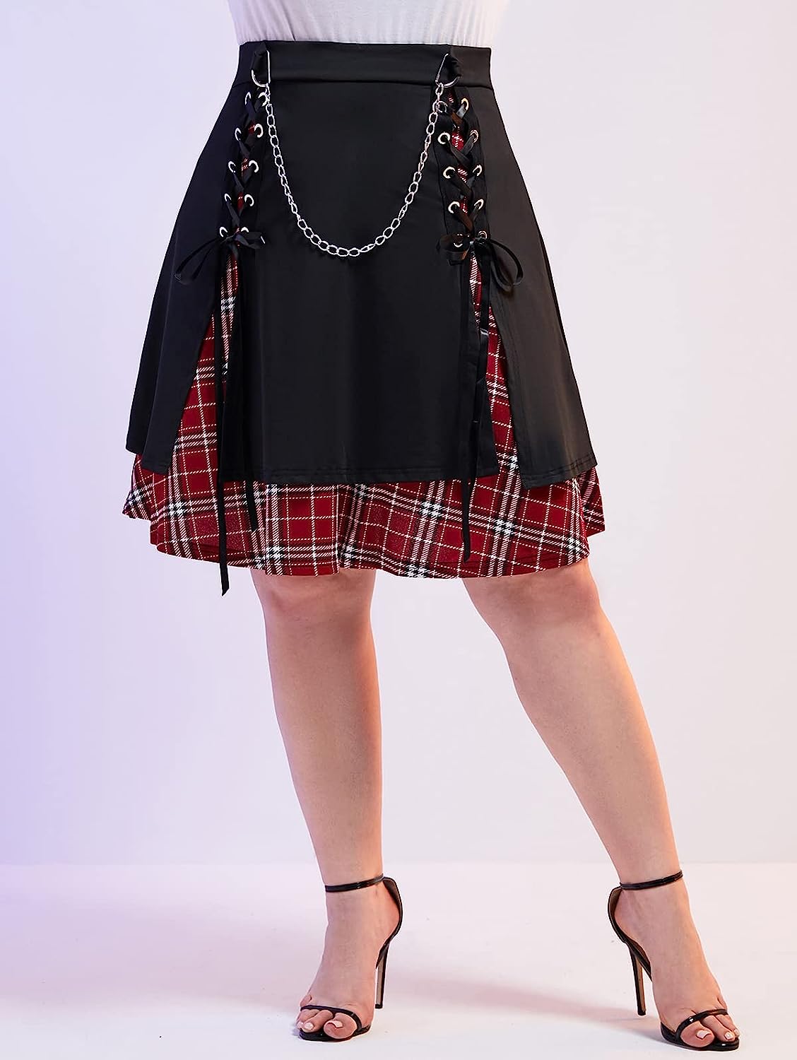 ROSE GAL Women's Plus Size Plain Mini Skirt Casual Plain Chain Detail High Waisted Short A-Line Gothic Skirt - Image 4